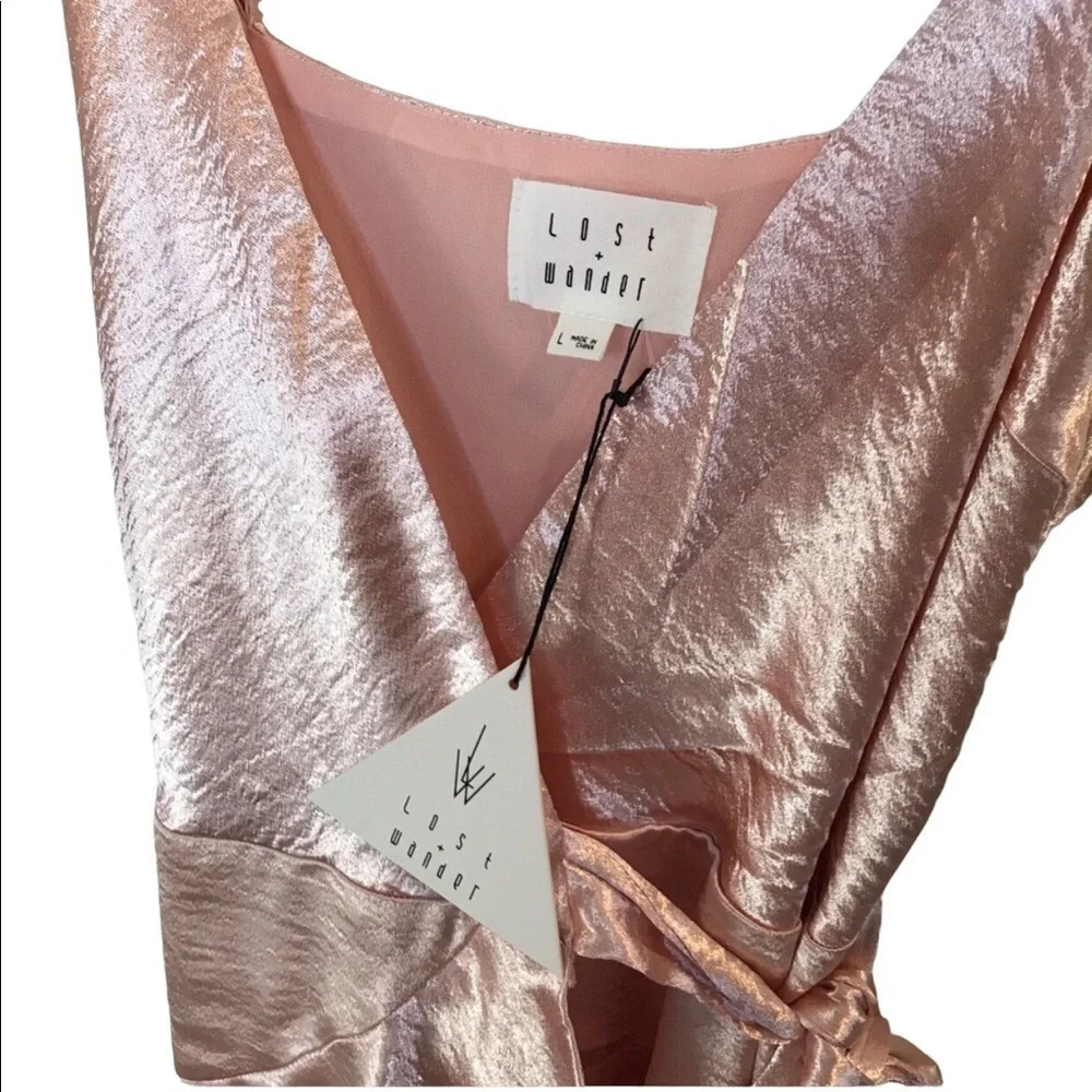 Anthropologie Lost Wander Pink Satin Wrap Ruffle Mini Fairycore Graduation Dress - Picture 4 of 11